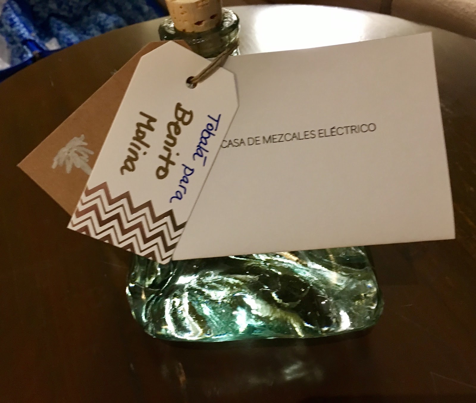 a tagged bottle on the table